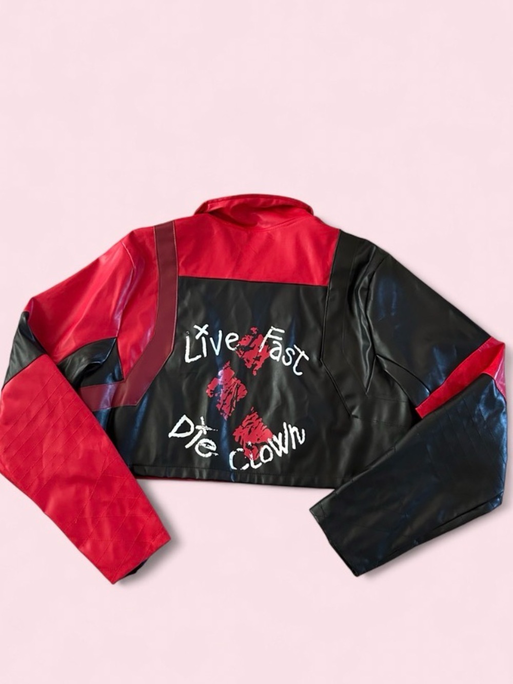 Harley Quinn Suicide Squad Black & Red Cropped Leather Jacket- Halloween - XL
